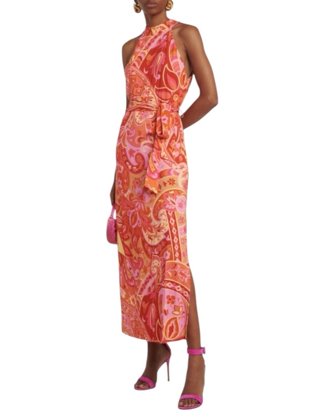 RIXO Celeste Paisley Halter Midi Dress NWT Pink Orange Belted US 10 | Large